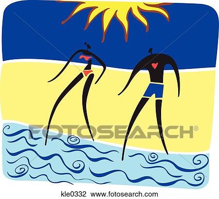 Drawing - A man and woman walking into the water at the beach. Fotosearch