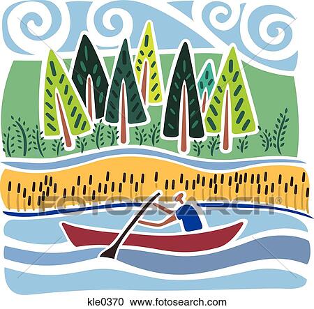 Clipart - A man canoeing on a lake in the countryside. Fotosearch