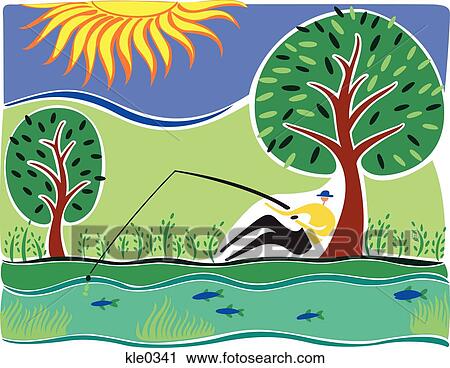 A man fishing in a river under a tree View Large Illustration Clip Art - A man fishing in a river under a tree. Fotosearch