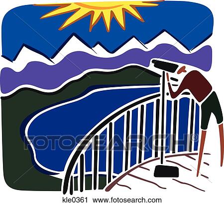 A man using a telescope to look at mountains in the distance View Large Illustration Clip Art - A man using a telescope to look at mountains in the distance. Fotosearch