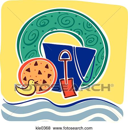 Stock Illustration - A rubber duck, pail and shovel, floating ball, and inner tube on a sandy beach. Fotosearch