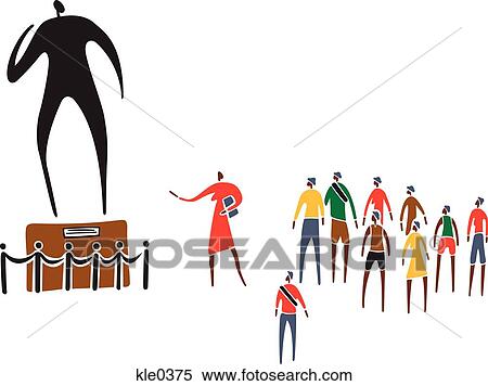 Stock Illustration - A tour guide showing a large sculpture to a group of people. Fotosearch