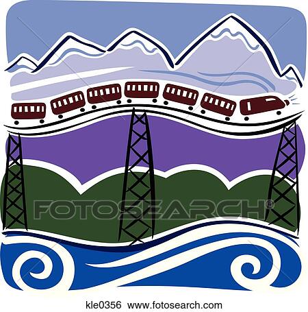 Stock Illustration - A train going across a bridge over a river with mountains in the back. Fotosearch