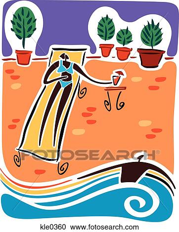 Clipart - A woman having a drink next to a swimming pool and a man having a swim. Fotosearch