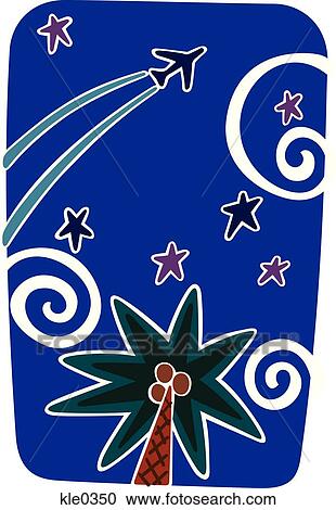 Clipart - An airplane flying in the night sky over a palm tree. Fotosearch