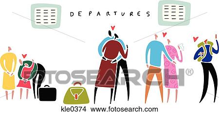 Stock Illustration - Friends and families saying goodbye at a departures terminal. Fotosearch