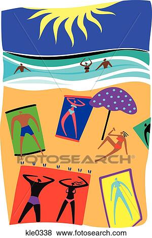 Stock Illustration of People sun tanning and playing on the beach ...