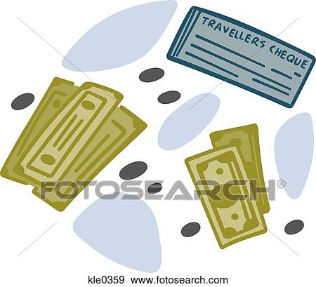 Travelers checks, money and coins View Large Illustration Stock Illustration - Travelers checks, money and coins. Fotosearch