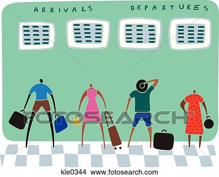 Travelers with their luggage looking at arrivals and departure boards View Large Illustration Stock Illustration - Travelers with their luggage looking at arrivals and departure boards. Fotosearch