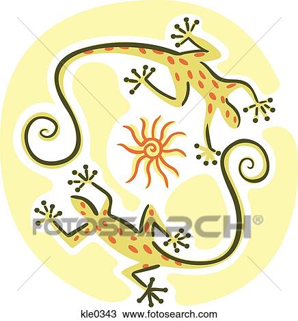 Drawing - Two geckos in a circle around a sun. Fotosearch