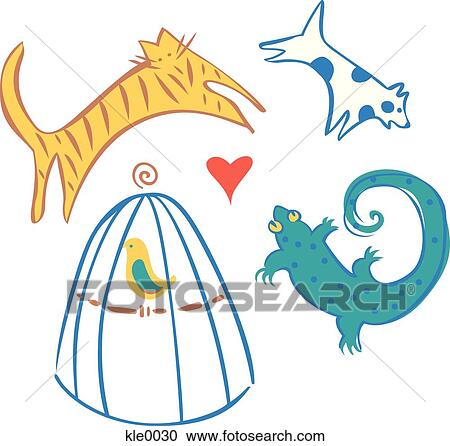 Clipart - A cat, a bird, a dog and a lizard. Fotosearch