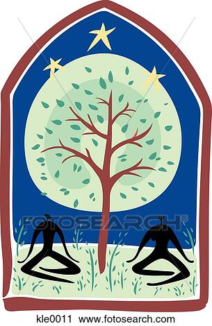 Clip Art - A couple meditating under a tree at night. Fotosearch