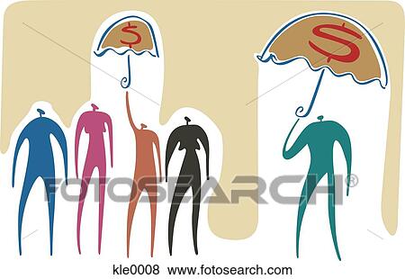 A group of people under a small umbrella with a money symbol and a man standing with a large umbrella with a money symbol View Large Illustration Stock Illustration - A group of people under a small umbrella with a money symbol and a man standing with a large umbrella with a money symbol. Fotosearch
