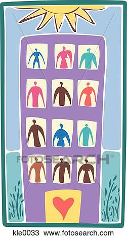 A high rise building with different colored people looking out the windows View Large Illustration Drawing - A high rise building with different colored people looking out the windows. Fotosearch