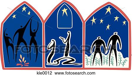 A triptych of people of different religions and spirituality View Large Illustration Drawing - A triptych of people of different religions and spirituality. Fotosearch