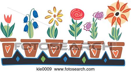 Stock Illustration - Different flowers in pots in a row. Fotosearch