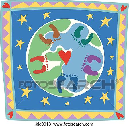 Footprints of different colors on a globe View Large Illustration Drawing - Footprints of different colors on a globe. Fotosearch