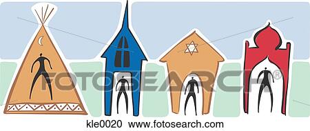 People in a teepee, a church, a synagogue and a temple View Large Illustration Clipart - People in a teepee, a church, a synagogue and a temple. Fotosearch