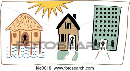 People living in a hut, a house and a high rise apartment View Large Illustration Stock Illustration - People living in a hut, a house and a high rise apartment. Fotosearch