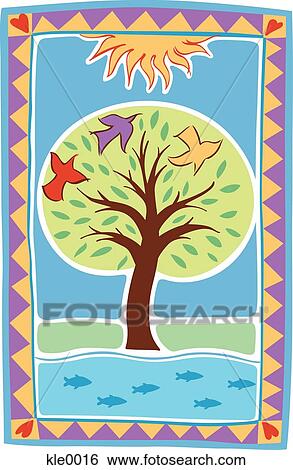 Three different colored birds flying in front of a tree and over a river with fish View Large Illustration Stock Illustration - Three different colored birds flying in front of a tree and over a river with fish. Fotosearch