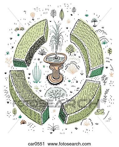 Clip Art - Hedges surrounding a water fountain in a courtyard garden. Fotosearch