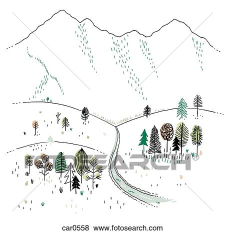 Stock Illustration - Trees around a small river with large mountains in the background. Fotosearch