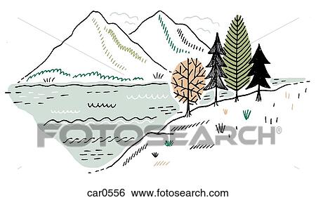Trees next to a lake and mountains in the background View Large Illustration Stock Illustration - Trees next to a lake and mountains in the background. Fotosearch