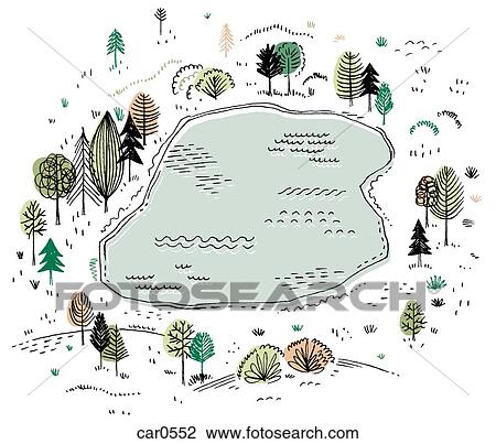 Drawing - Trees surrounding a lake. Fotosearch