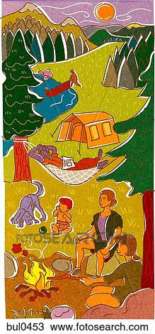 A family camping and enjoying a campfire by a lake View Large Illustration Drawing - A family camping and enjoying a campfire by a lake. Fotosearch