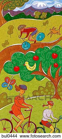 Stock Illustration - A family cycling in the park. Fotosearch