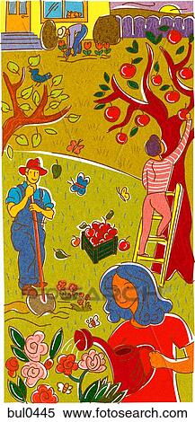 Stock Illustration - A family gardening in their back yard. Fotosearch