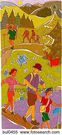A family going hiking with others following behind View Large Illustration Stock Illustration - A family going hiking with others following behind. Fotosearch