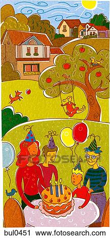 Clip Art - A family having a birthday celebration in the backyard. Fotosearch