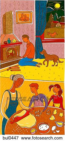 Stock Illustration - A family making cookies and relaxing next to the fireplace. Fotosearch