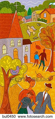 Clipart - A family taking a walk with a church and town in the background. Fotosearch