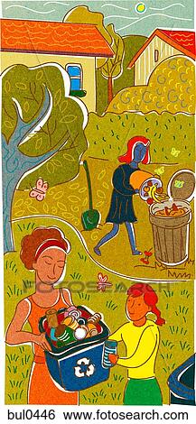 Stock Illustration - A family taking the garbage and recycling out. Fotosearch