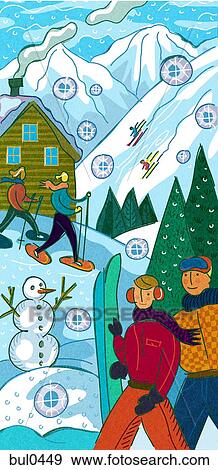People at a ski resort skiing, snowboarding and snow shoeing View Large Illustration Stock Illustration - People at a ski resort skiing, snowboarding and snow shoeing. Fotosearch
