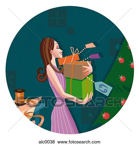 Stock Illustration - A Cancer woman holding a stack of newly wrapped presents by a Christmas tree. Fotosearch