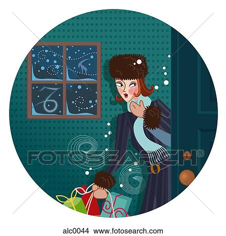 A Capricorn woman coming in from the cold, holding bags of Christmas shopping View Large Illustration Stock Illustration - A Capricorn woman coming in from the cold, holding bags of Christmas shopping. Fotosearch