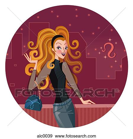 Stock Illustration - A Leo woman standing on a balcony with the city behind her. Fotosearch