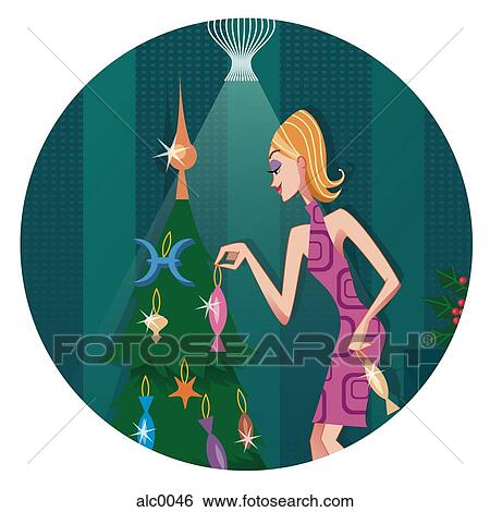 Stock Illustration - A Pisces woman hanging ornaments on a Christmas tree. Fotosearch