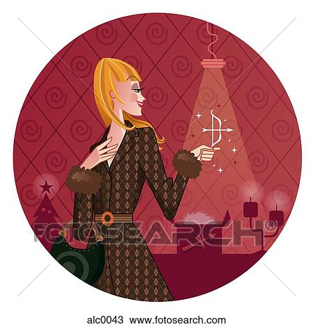 Drawing - A Sagittarius woman holding a small bow and arrow with a Christmas scene behind her. Fotosearch