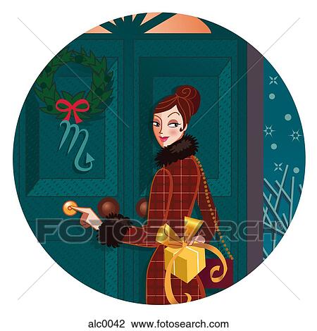 Drawing - A Scorpio woman with a gift behind her back as she rings a doorbell. Fotosearch