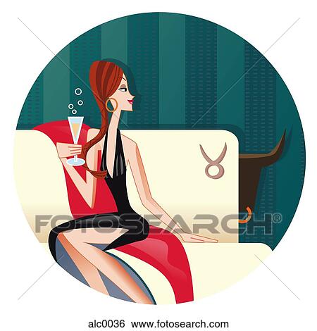 Stock Illustration - A Taurus woman sipping champagne on a sofa. Fotosearch