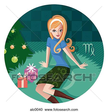 Clipart - A Virgo woman sitting on a carpet with wrapped presents next to a Christmas tree. Fotosearch