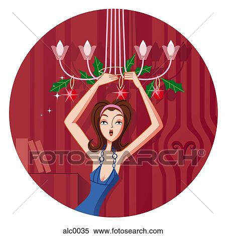 Stock Illustration - An Aries woman hanging ornaments off a chandelier. Fotosearch
