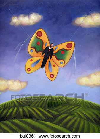 Clip Art - A businessman with butterfly wings flying in the sky. Fotosearch