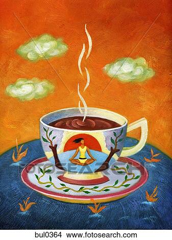 Stock Illustration - A cup of hot tea with a woman doing yoga on it. Fotosearch