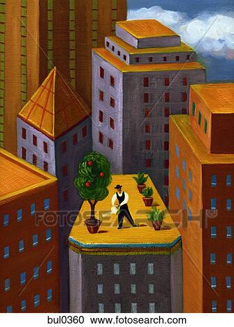 A man watering a garden on top of a high rise building in the city View Large Illustration Clipart - A man watering a garden on top of a high rise building in the city. Fotosearch