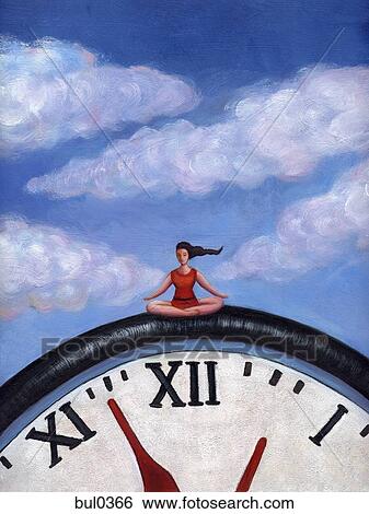Stock Illustration - A woman doing yoga on a giant clock. Fotosearch